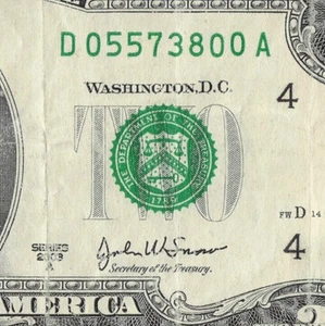 Forbes MN 55718 Zip Code  Fancy Serial Number 2$ Bill D05573800A Cleveland A Run - Picture 1 of 12