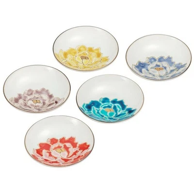 Set Di 5 Piccole Piatti Kutani Yaki Giapponesi Peonia Tsuyoshi Sato Giappone - Immagine 1 di 4