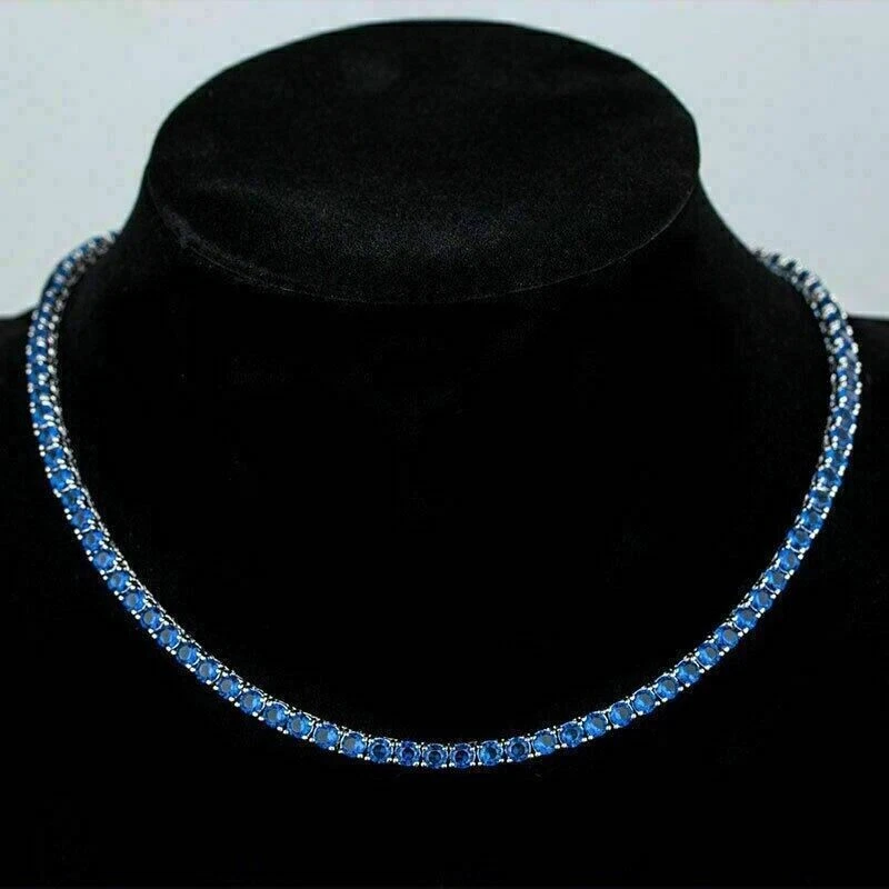 Collar de tenis para hombre de zafiro azul creado en laboratorio de corte redondo de 3 mm en plata 925 de 18" Foto 1 de 4