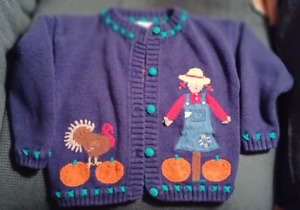 Heartstrings size 5/6 Blue Cardigan Sweater with crochet buttons & autumn themed