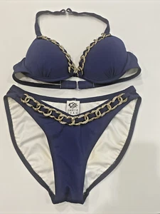 Jamye Shaw Swimsuit NAVY Blue Pageant Competition Bikini SZ Medium GOLD CHAIN - Picture 1 of 8