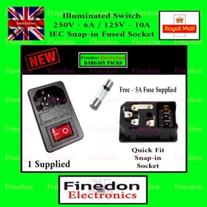 Snap-in Male Power Socket with Fuse Illuminated Switch 3 Pin IEC320 UK Seller - Picture 1 of 1
