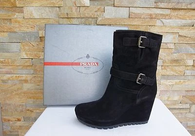 PRADA Ue 40 Cuña Stiefeletten Botas Zapatos Ternero Negro Nuevo Antiguo - Imagen 1 de 4