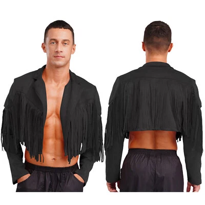 Men's Fringe Faux Suede Leather Open Front Tassel Coats Western Cowboy Jacket - Image 1 of 3