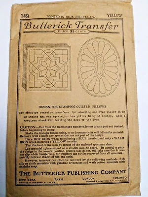 Butterick Transfer Quilted Pillow 149 Embroidery Pattern VTG 1920's Yellow Toss - Image 1 of 4