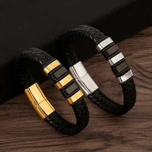 Leather hand woven bracelet, men's bracelet, women's stainless steel accessory - Picture 1 of 16