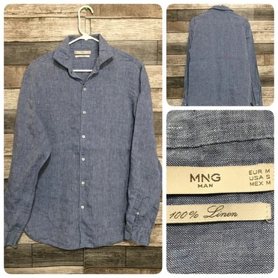 Camisa con botones 100 % lino MNG para hombre S azul manga larga Foto 1 de 4