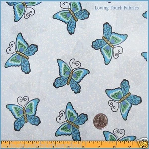 A.E. NATHAN TOSSED BLUE BUTTERFLIES COTTON FABRIC 1/2 YARD (18" X 44") - Picture 1 of 1