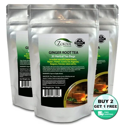 ZOKIVA NUTRITIONALS Ginger Tea Bags 3-Pack (90) All-Natural Premium Root - Caffeine-free Herbal Tea