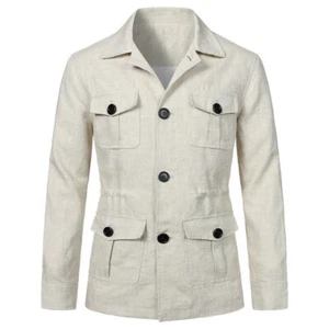 Chaqueta de safari de lino para hombre bolsillos calce ajustado abrigo de caza informal Prendas para el torso británico - Imagen 1 de 24