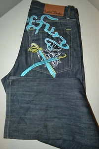 Artful Dodger Men Straight Embroider Dual Swords Dark Blue Denim Jeans Sz 33x34 - Picture 1 of 12
