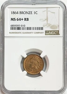 1864 BRONZE US INDIAN HEAD CENT COIN NGC MINT STATE 64+ RED BROWN - Picture 1 of 4