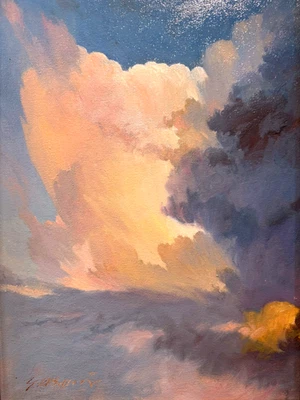 Puesta de sol día nublado reflejado luz del sol óleo sobre lienzo pintura del cielo 20"x 24" enmarcada Foto 1 de 4