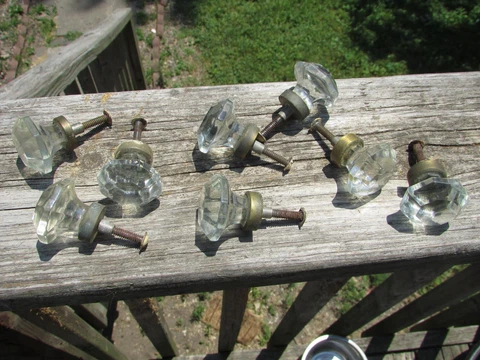 Antique HEAVY Glass OCTAGON Shape FACETED Cabinet Knobs - Set of 8 w/HARDWARE !! Cover