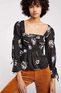 Free People XS Cherish The Light Blouse Floral Black Peasant Blouse - Picture 1 of 11