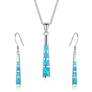 Long Column Shaped Bright Blue Opan Necklace and Earring Set - Picture 1 of 8