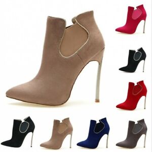Womens Ladies Metallic Ankle Boots Slim High Heel Pointed Toe Shoes 6 Colors L