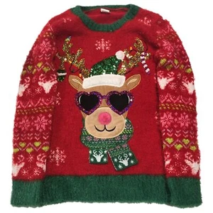 Girls Plush Red Sparkle Reindeer Holiday Christmas Sweater Medium (7-8) - Picture 1 of 2