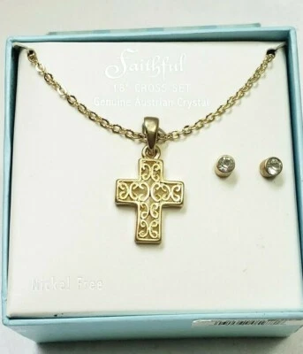 Vintage Cross Necklace with Austrian Crystal Earrings 18" Goldtone - Image 1 of 4