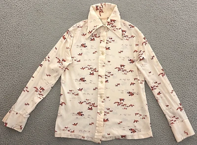Camisa vintage anos 70 com botões pequena marfim creme rancho pássaros estampa por toda parte - Imagem 1 de 4