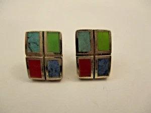 Vintage Sterling Silver Earrings Southwestern Gemstone Inlay Mosaic Turquoise - Picture 1 of 4