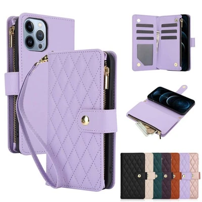 For iPhone 15 Pro Max 14 13 12 11 XR XS Zipper PU Leather Wallet Crossbody Case - Image 1 of 4