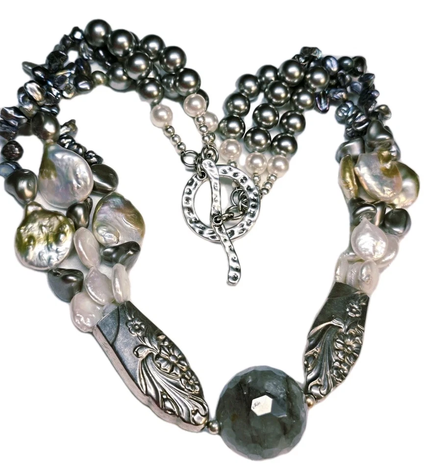 Antiguo collar de plata pesada con cuentas de bola de flourita diseño plata perla enorme 21" Foto 1 de 4