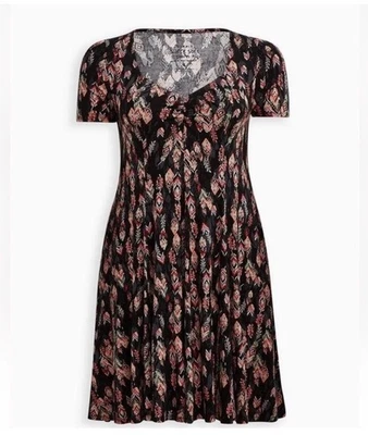 Torrid супер мягкий черный перо печать Midi V шеи Sweetheart платье Sz 3 X (22-24) - Изображение 1 из 4