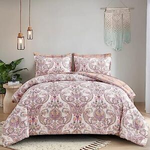  7 Pieces Paisley Comforter Set Bed in a Bag Boho Floral Queen 90“×90” Pink