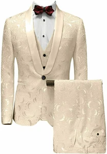 Men Suit Champagne Jacquard Paisley Floral Party Prom Groom Tuxedo Wedding Suit - Picture 1 of 9