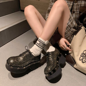 Womens Fashion Leather Round Toe Studs Lace Up Oxford Platform Creeper Shoes SUN