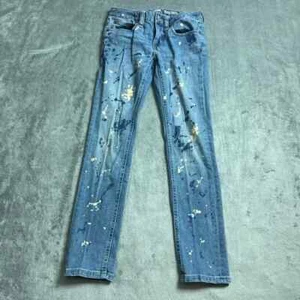 Ralph Lauren Bowery Skinny Pants Girls Size 8 Blue Denim Straight Paint Splatter - Picture 1 of 13