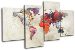 Weltatlas Gemälde bunte Karten Flaggen MULTI LEINWAND WANDBILD Bild Druck - Bild 1 von 1