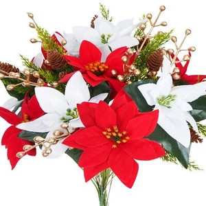 Christmas Flowers Artificial Poinsettia Flowers Bouquet Mixed Gold Berries Pi... - Picture 1 of 7