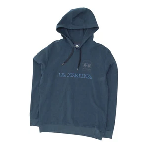 La Martina Mens Blue Pullover Spellout Logo Hoodie | Vintage Designer Hoody VTG - Picture 1 of 4