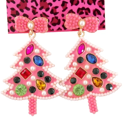 2" BETSEY JOHNSON PEARL, BEAD, RHINESTONE & ENAMEL PINK CHRISTMAS TREE EARRINGS - Image 1 of 4