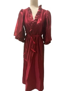 Boudoir Satin Dressing Gown Robe Small Maroon Red Ruffled 70s - Picture 1 of 4