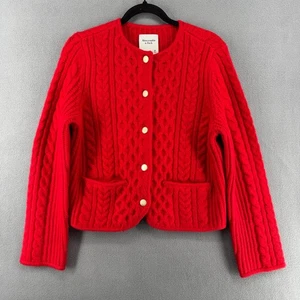 Cárdigan suéter de pescador tejido con cable Abercrombie Fitch para mujer M rojo suave - Imagen 1 de 17