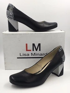 LISA MINARDI MARIA BLACK LEATHER SILVER BLOCK HEEL COURT SHOES UK 5 EU 38 - Picture 1 of 9