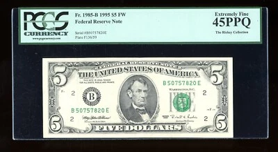 DBR 1995 $5 FRN New York Fr. 1985-B PCGS 45 PPQ Serial B50757820E - Image 1 of 2
