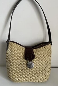 Brighton Jani Straw and Patent Leather Shoulder Bag with Medallion Clasp Flaw - Picture 1 of 24