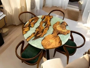 Custom Olive Wood Round Pearl White & Green River Epoxy Table – 100% Handmade - Picture 1 of 7