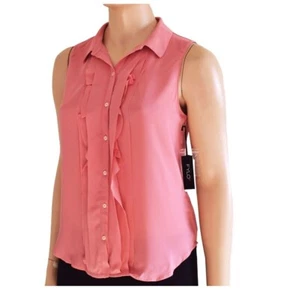 NWT FYLO (sz L ) Women Pink Coral Chiffon Sleeveless Blouse Ruffle Button-down - Picture 1 of 5