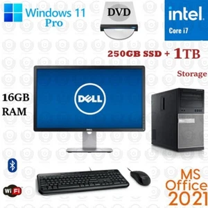 Windows 11 Dell i7 3.4 ghz 16GB 250GB SSD+1TB 24" LCD WiFi Desktop Computer PC - Picture 1 of 1