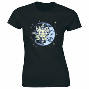 Sun and Moon Art Image with Stars T-Shirt for Women