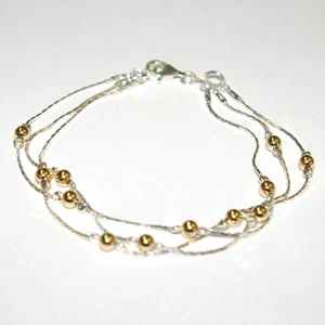 925 Sterling Silver & 14kt Gold Filled Beads 3 Strands Two Tone ANKLET Your size - Picture 1 of 10