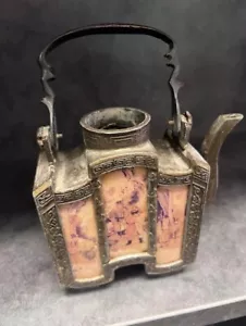 Tetera asiática vintage de hierro fundido 6 paneles pintados ornamentada. Recuerdo de colección. - Imagen 1 de 5