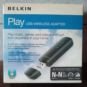 BELKIN Play N+N 2x300 USB Wireless Adapter Dual-band 2.4 5.0 GHz 300Mbps 802.11n - Picture 1 of 8