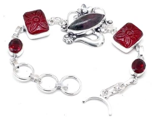925 Sterling Silver Ruby In Fuchsite & Garnet Gemstone Jewelry Bracelet Size-7-8 - Picture 1 of 5