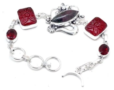 925 Sterling Silver Ruby In Fuchsite & Garnet Gemstone Jewelry Bracelet Size-7-8 - Image 1 of 4